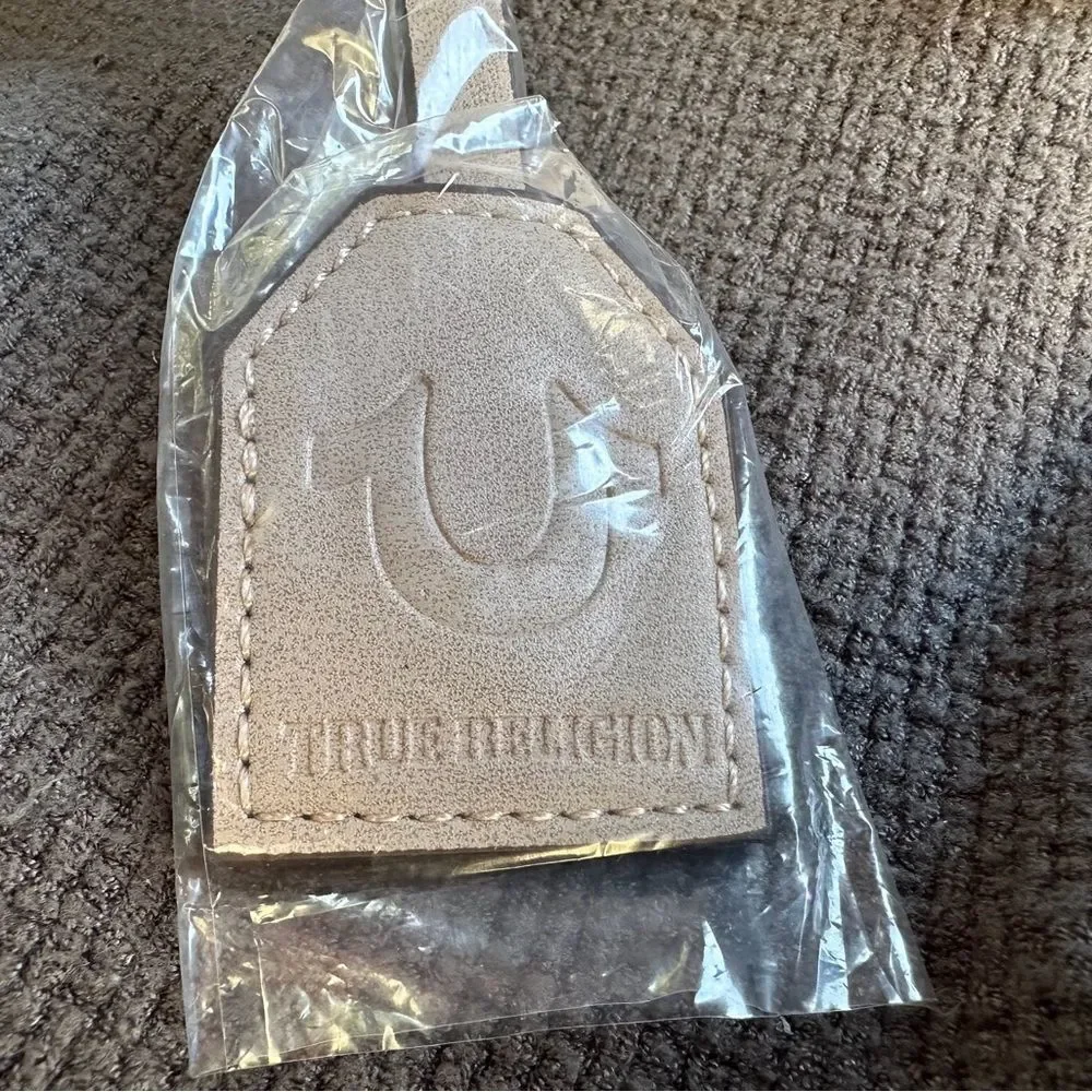 True-religion denim saddlebag purse - taupe and white